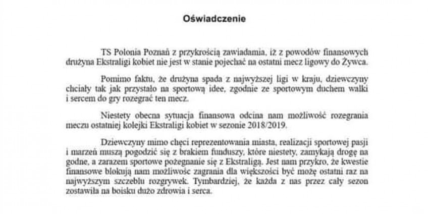 Polonia Poznań nie pojechała do Żywca